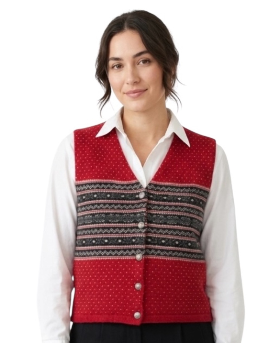 VTG Eddie Bauer 100% Lambswool Fair Isle Vest Sz L Red Granny Cottagecore Cabin